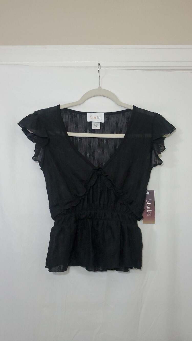Starlet Black Ruffle V-Neck Flutter Sleeve Peplum Top Size XS